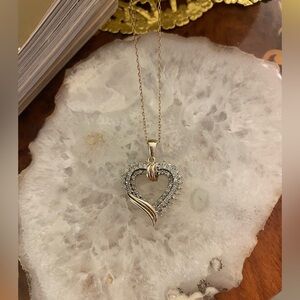 Genuine Diamond Heart Pendant Necklace ~ Set in Sterling Silver & Gold Overlay